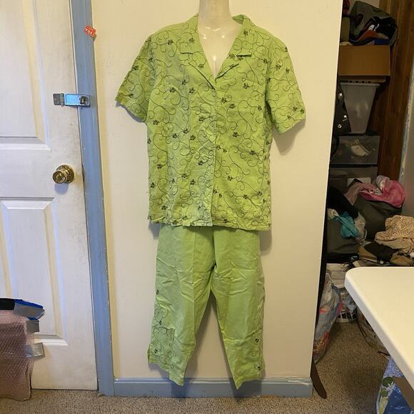 ButtonUp Top & CapriPants 2Pcs Set Denim & Co Green Embroidered Resort Lounge L - Picture 9 of 12